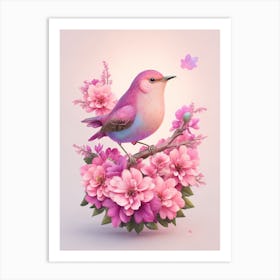 Pink Bird With Flowers Art Print