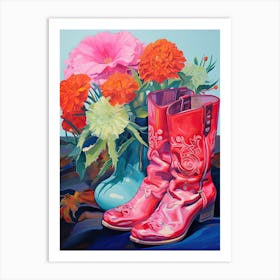 Oil Painting Of Pink And Red Flowers And Cowboy Boots, Oil Style 9 Art Print