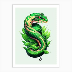 Green Bush Viper Snake Tattoo Style Art Print