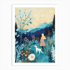 A Girl Walks Her Dog On Country Road Colorful Art Print