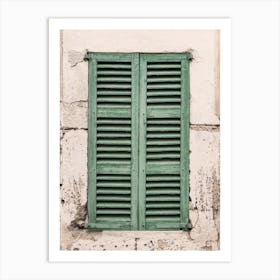 Old wooden window shutters and grunge wall background Art Print