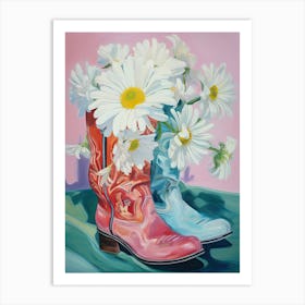 Oil Painting Of White Flowers And Cowboy Boots, Oil Style Art Print