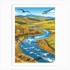 River Landscape With Birds Art Print