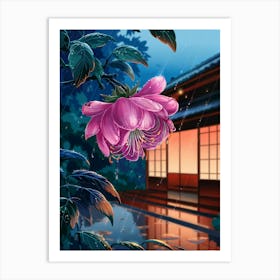 Anime Canvas Art: Vibrant Pink Flower with Raindrops in a Rainy Night Setting, Warm Lantern Glow, and Lush Leaves, Perfect for Lofi Aesthetic and Tranquil Ambience. 1 Art Print