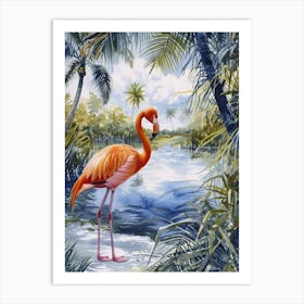 Greater Flamingo Salt Pans And Lagoons Tropical Illustration 4 Art Print