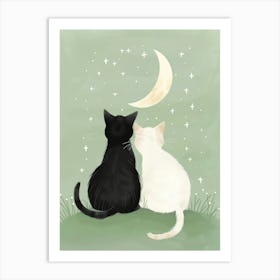 Two Cats Watching The Moon Art Print