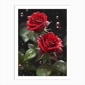 Red Roses At Rainy With Water Droplets Vertical Composition 20 Art Print