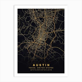 Austin Texas USA Black And Gold Map Art Print