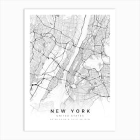 New York NYC USA White Map Art Print