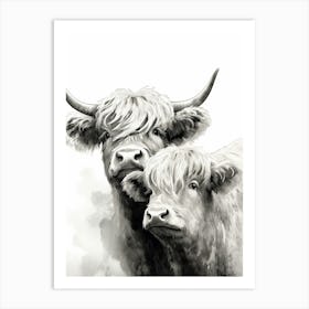 Black & White Illustration Of Highland Cow With Young Cow Art Print