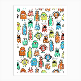 Happy Funky Monsters and Aliens Rainbow on White Kids Art Print