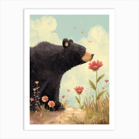 American Black Bear Sniffing A Flower Storybook Illustration 2 Art Print