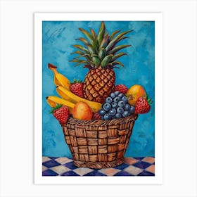 Tropical Fruit Basket Blue Checkerboard 4 Art Print