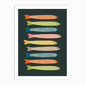 ANCHOVIES Retro Swimming Fish Horizontal in Vintage Colours Orange Green Blue Pink Yellow Beige on Charcoal Art Print