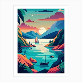 Landscape With Boats And Mountains art print Art Print