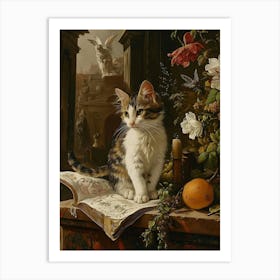 Cat Sat On Book Rococo Inspired Painting Art Print