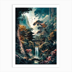 Japanese Temple in Mountain Waterfall Forest Art Painting #2 Art Print