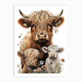 Highland Cow & Calves Simple Line Illustration 2 Art Print