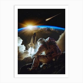 Astronaut Sitting On The Rock Earth View Art Print