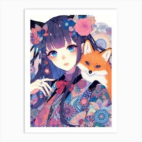 Pretty Anime Girl with Fox 10 Art Print