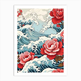 Great Wave With Camellia Flower Drawing In The Style Of Ukiyo E 1 Art Print
