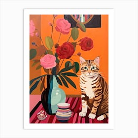 Rose Flower Vase And A Cat, A Painting In The Style Of Matisse 2 Art Print
