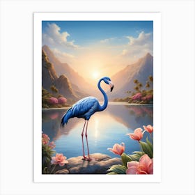 Floral Blue Flamingo Painting (53) Art Print