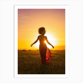 African Woman Captures The Essence Of Joy Bathed In The Warm Glow Of A Summer Sunset Her Silhouett (3) Art Print