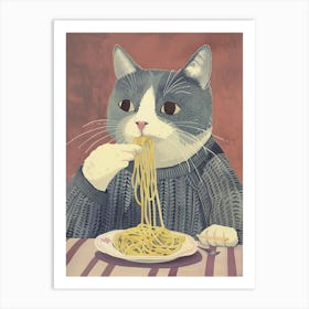 Grey White Cat Eating Pasta Folk Illustration 3 Art Print