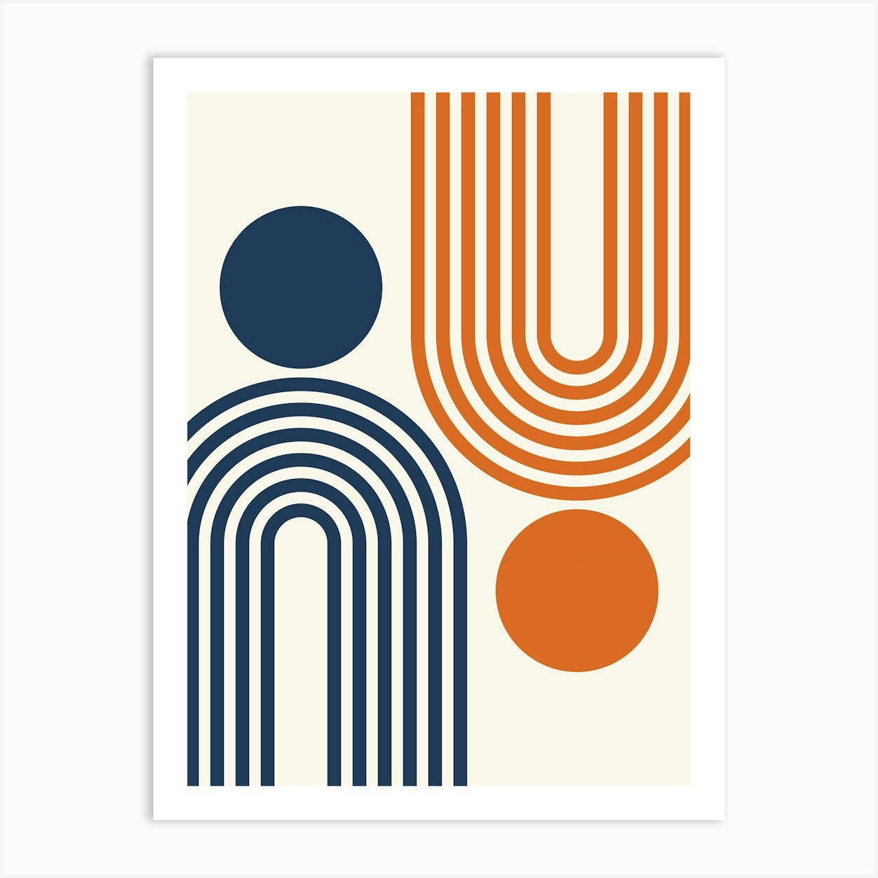 Mid Century Modern Geometric Rainbow And Sun Abstract A3 In Navy Blue Burnt Orange 01 Art Print by NineFlorals