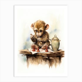 Monkey Painting Playing Chess Watercolour 2 Art Print