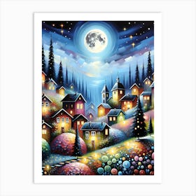 Night In The Village, a contemporary whimsical landscape AI Art Print