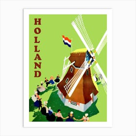 Holland, People Dancing Around Windmill Art Print