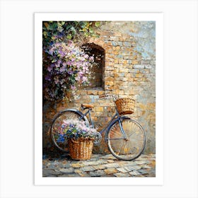 Vintage Bicycle With Flowers By Brick Wall – Rustic Cottagecore Art Print Art Print