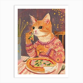 Happy Orange Cat Pizza Lover Folk Illustration 4 Art Print