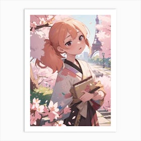 Anime Girl In Cherry Blossoms in Paris Art Print