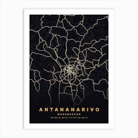 Antananarivo Madagascar Black And Gold Map Art Print