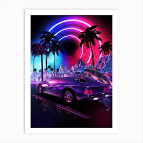 Neon landscape: Synthwave palms & car, outrun [synthwave/vaporwave/cyberpunk] — aesthetic retrowave neon poster Art Print