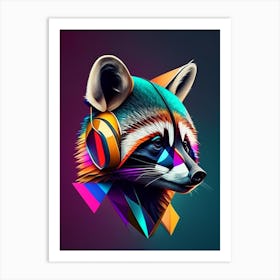 Raccoon Wearing Headphones Modern Geometric Art Print