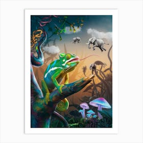 A Surreal Scene Of A Chameleon Perched Art Print