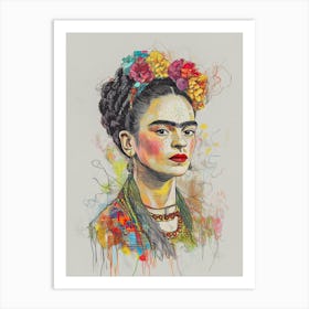 Emotionale Frida Kahlo Skizze, Farbige Bleistift-Zeichnung Art Print