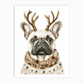 French Bulldog In Christmas Jumper And Antlers Neutral Art Print