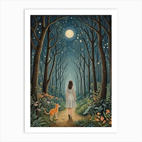 Night Stroll With Her Dog Art Print