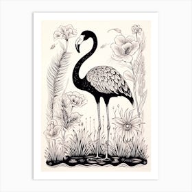 B&W Bird Linocut Flamingo 1 Art Print