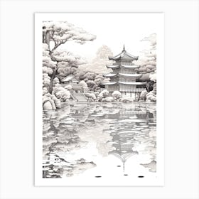 Kinkaku Ji (Golden Pavilion) In Kyoto, Ukiyo E Black And White Line Art Drawing 2 Art Print