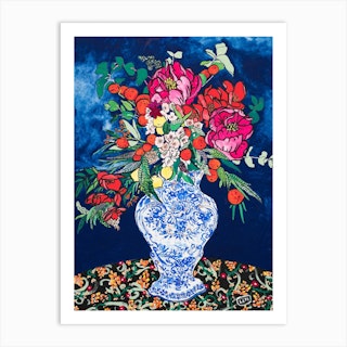 Winter Floral Peony Bouquet On Dark Navy Blue Art Print