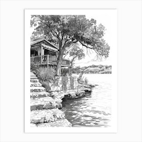 The Oasis On Lake Travis Austin Texas Black And White Drawing 1 Art Print