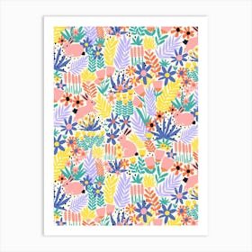 Rabbits Playing in Flower Garden Meadow Pastel Colors Art Print