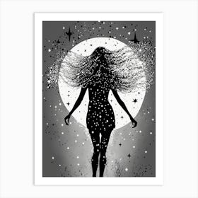 Stellar Silhouette of a Woman in Cosmic Moonlight Art Print