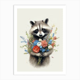 Raccoon Cute Illustration With Flowers 3 Art Print